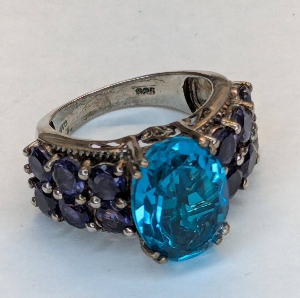 Vintage stamped silver with blue &purple Gemstones ring sz 7 With Case - Picture 2 of 9
